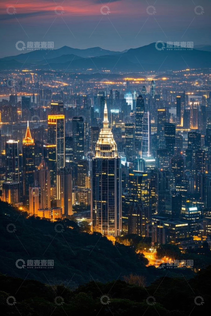 高清大图下载【趣麦麦图】城市夜景高楼与远山景观