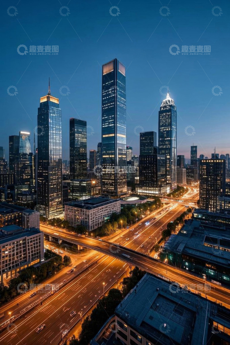 高清大图下载【趣麦麦图】城市高楼与街道交通夜景