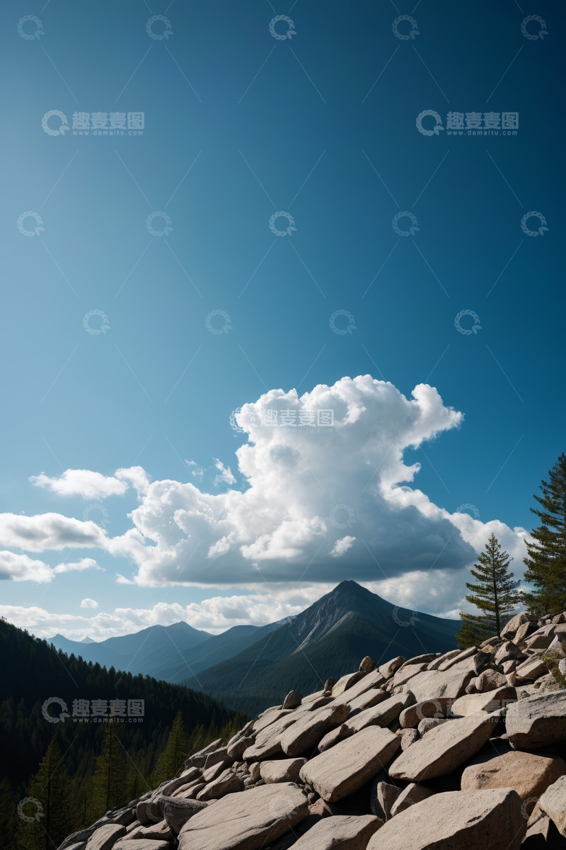 高清大图下载【趣麦麦图】蓝天白云下的山景与石堆