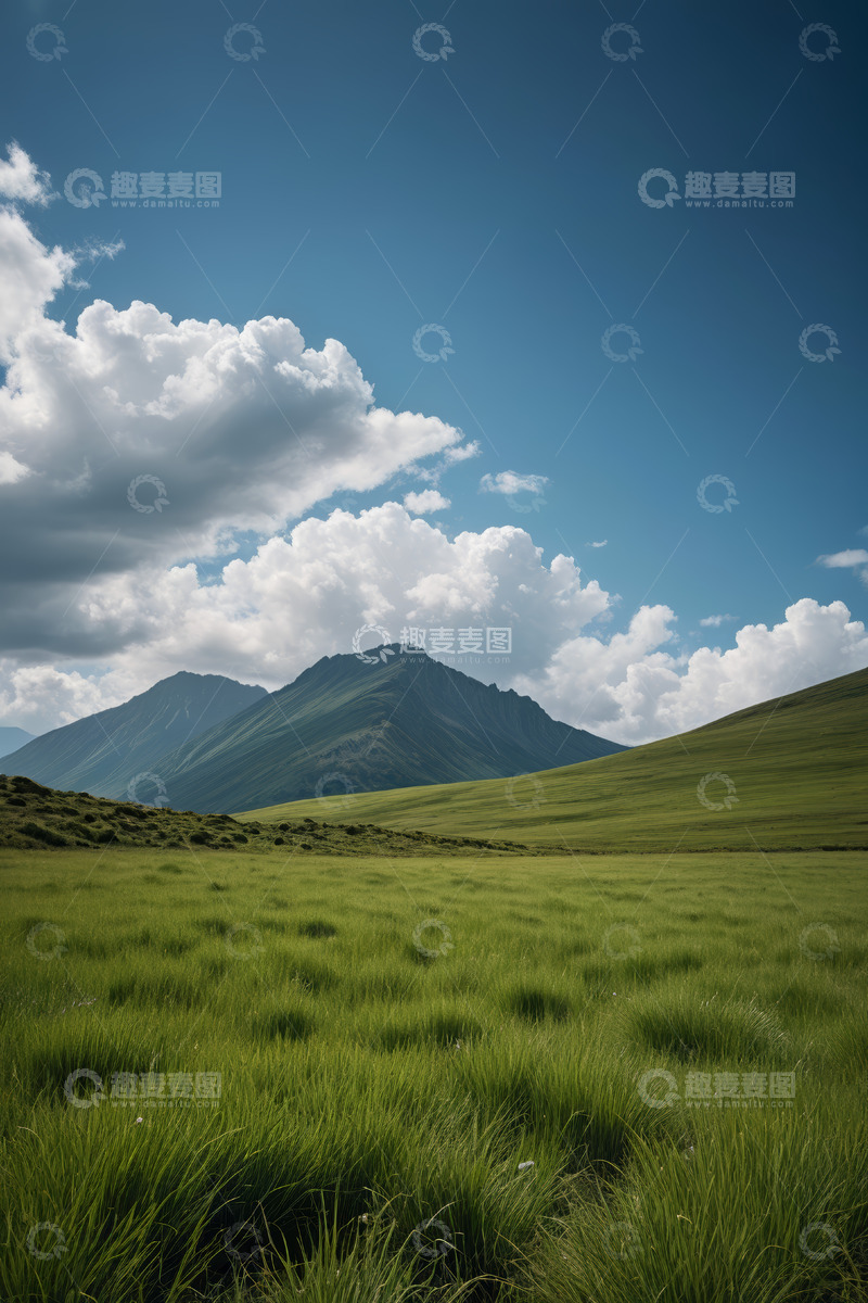 高清大图下载【趣麦麦图】草原上的远山与蓝天白云