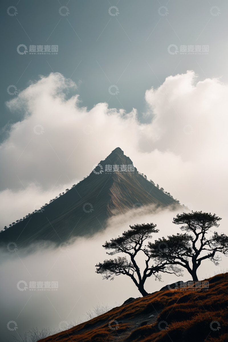 高清大图下载【趣麦麦图】山峰云雾与树木自然景观