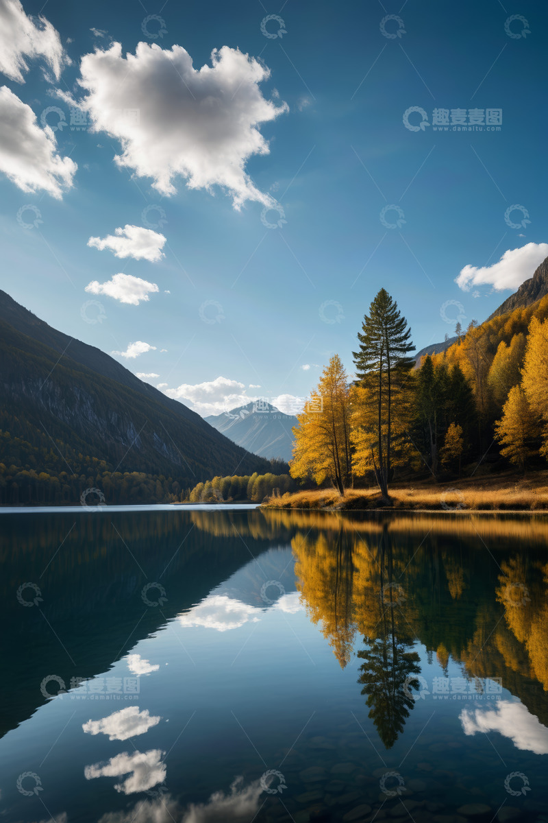 高清大图下载【趣麦麦图】秋日山林中的宁静湖泊