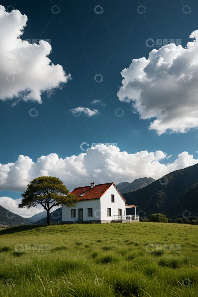高清大图下载【趣麦麦图】草原上的白色小屋与蓝天白云