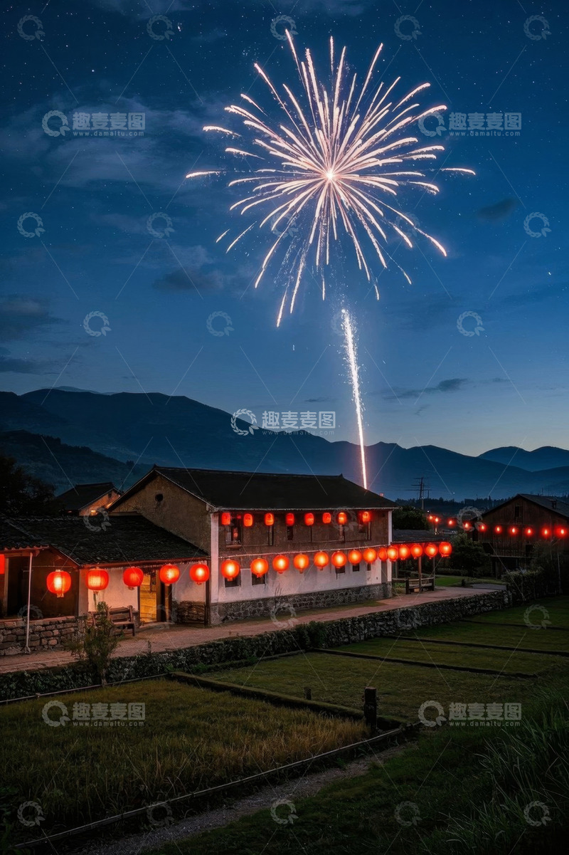 高清大图下载【趣麦麦图】乡村夜景中的烟花与灯笼景象