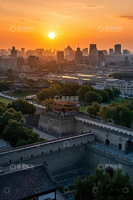 西安城墙日落城市风光