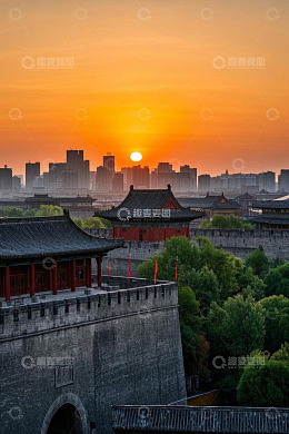 西安城墙日落全景