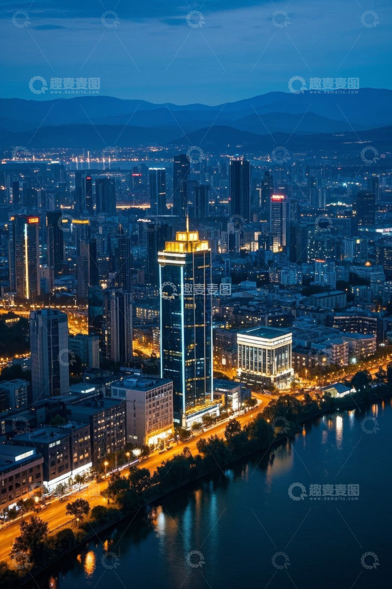 高清大图下载【趣麦麦图】城市夜景高楼与水域景观