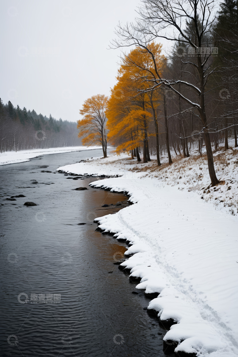 高清大图下载【趣麦麦图】雪后河畔森林风景