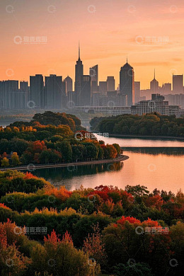 城市湖畔秋日风光全景