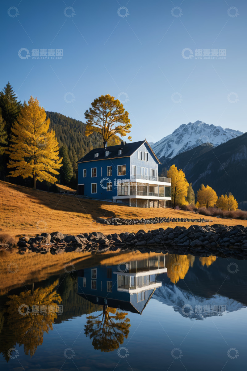 高清大图下载【趣麦麦图】山间湖畔蓝屋秋日风光