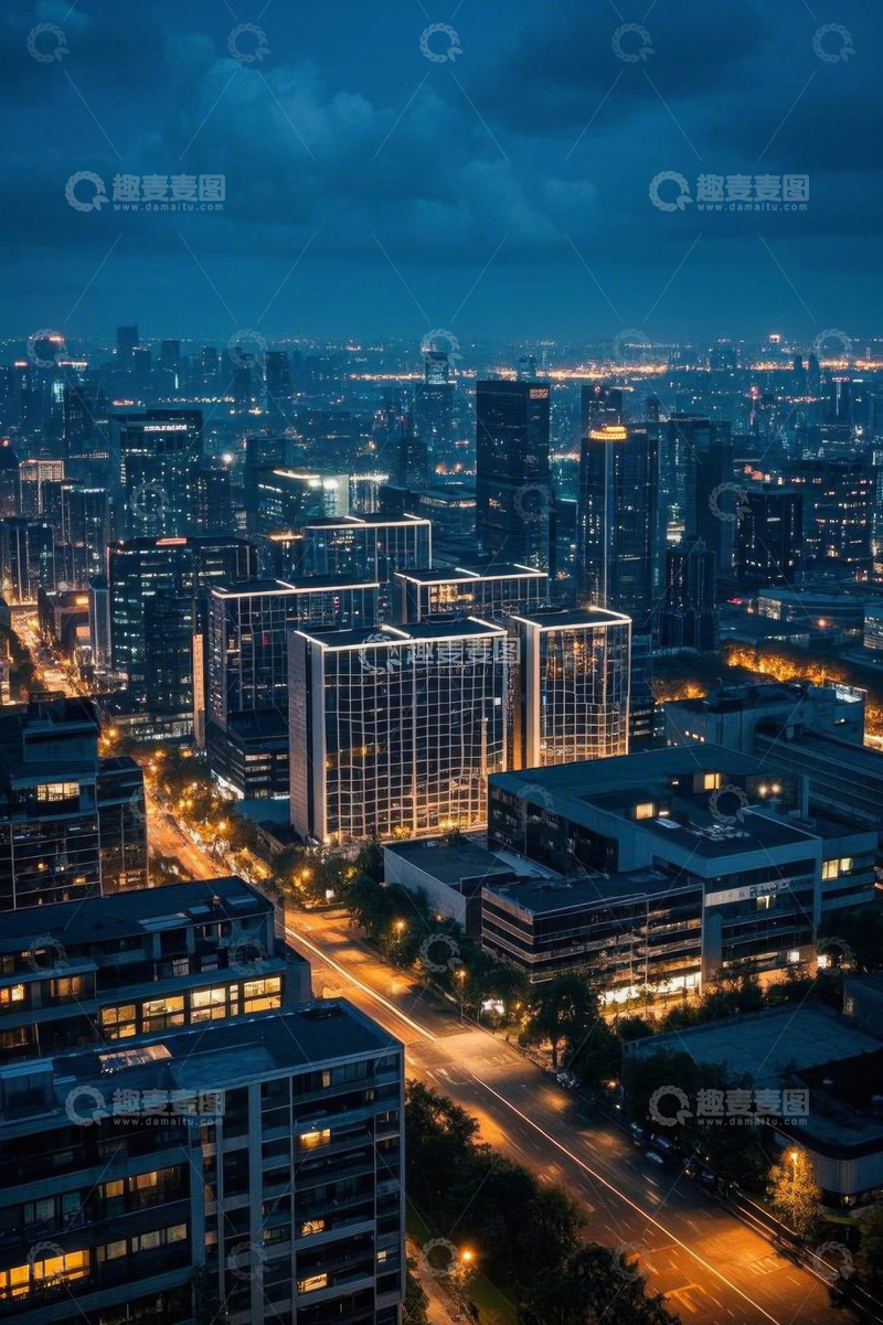 高清大图下载【趣麦麦图】城市夜景高楼与街道俯瞰