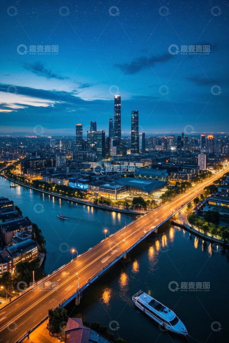 高清大图下载【趣麦麦图】城市夜景桥梁与高楼俯瞰图