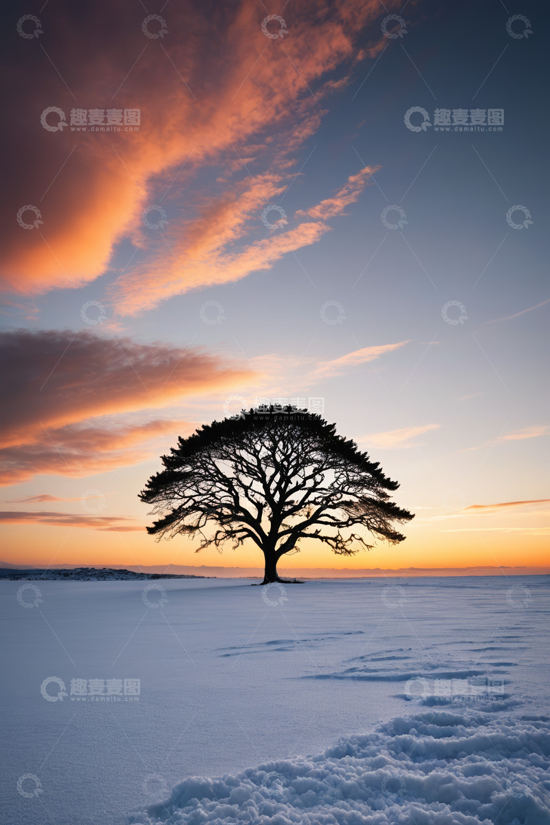 高清大图下载【趣麦麦图】雪地孤树与绚烂晚霞景观
