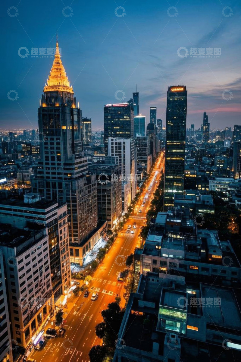 高清大图下载【趣麦麦图】城市高楼与街道夜景俯瞰