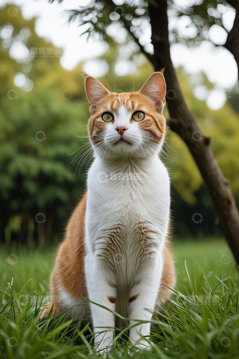 高清大图下载【趣麦麦图】草地中坐着的橘白相间猫咪