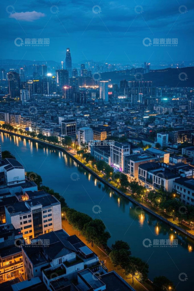 高清大图下载【趣麦麦图】城市河畔夜景鸟瞰景观