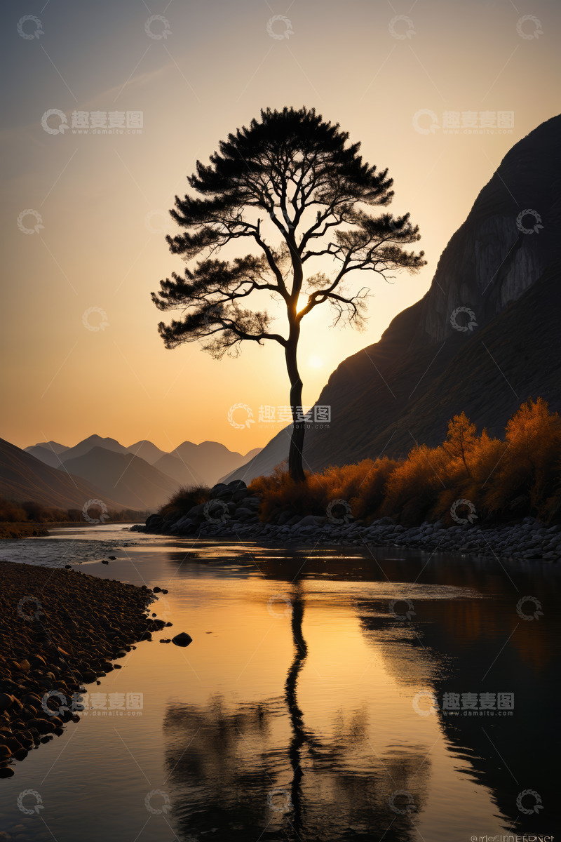 高清大图下载【趣麦麦图】河畔孤树与日落山景