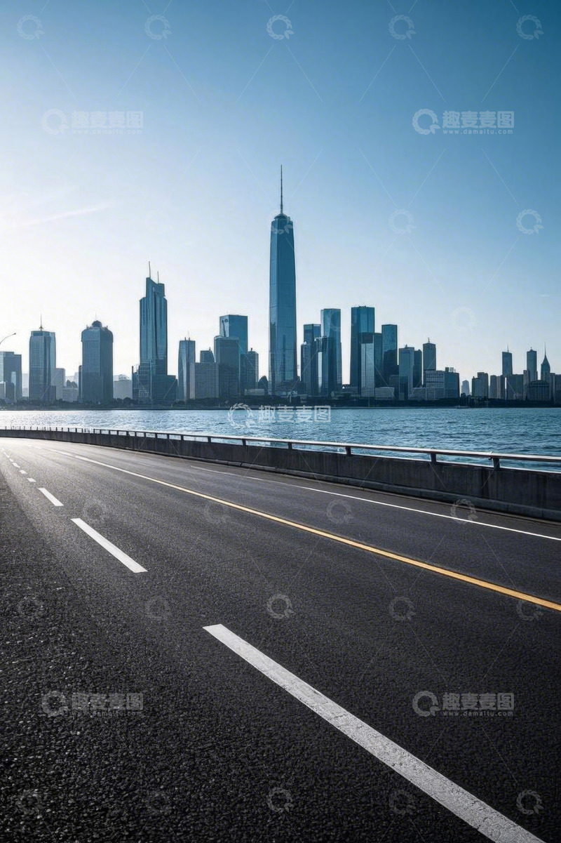高清大图下载【趣麦麦图】城市道路与远处高楼景观