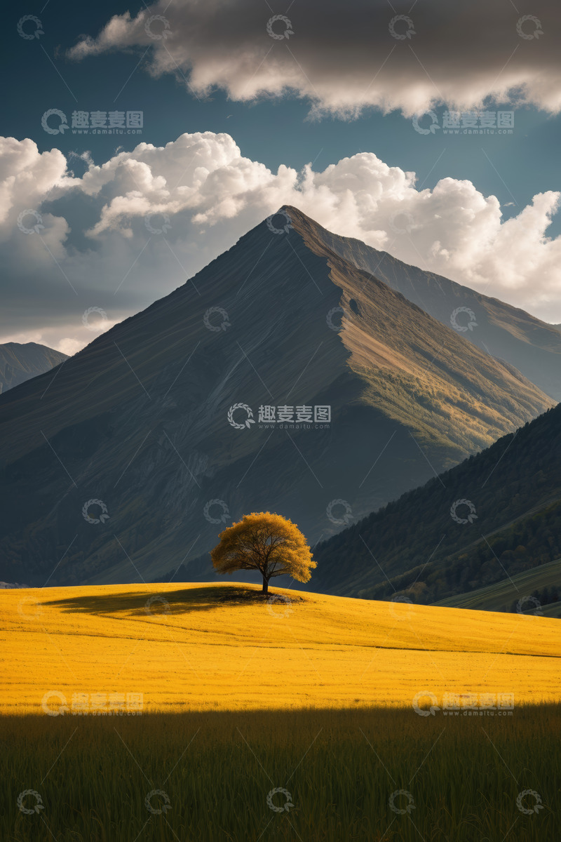高清大图下载【趣麦麦图】草原孤树与远山风景