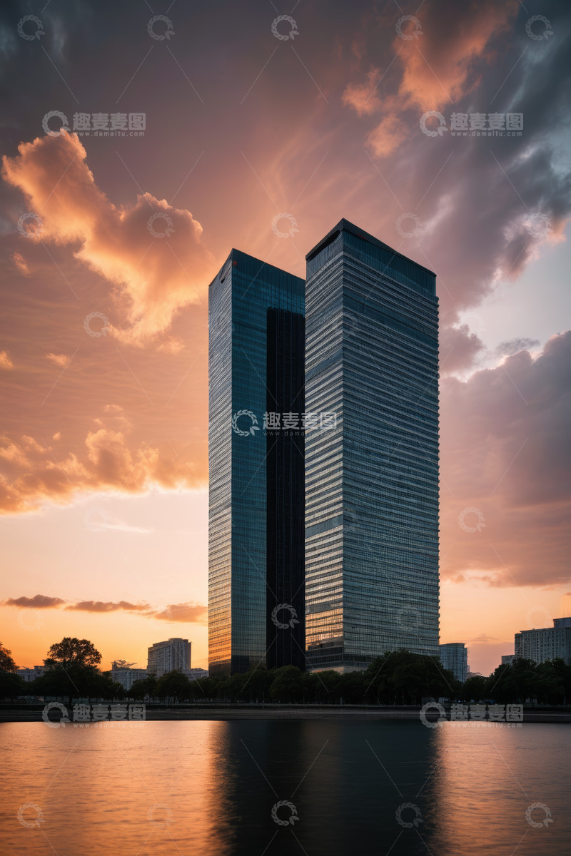 高清大图下载【趣麦麦图】夕阳下河畔的摩天大楼