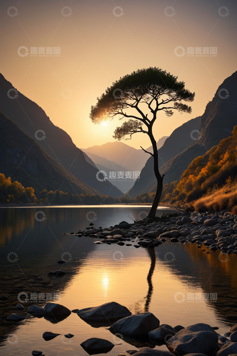 高清大图下载【趣麦麦图】湖畔孤树与夕阳山水景色