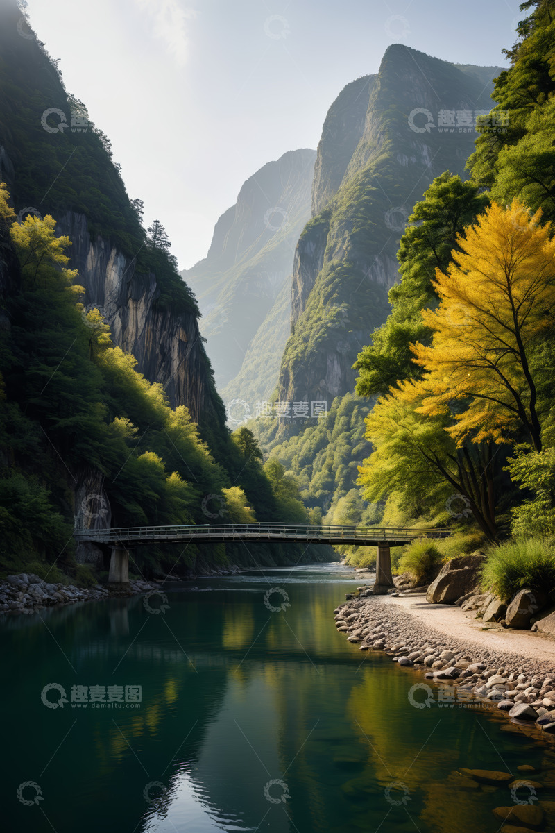 高清大图下载【趣麦麦图】山间河流上的桥梁自然风光