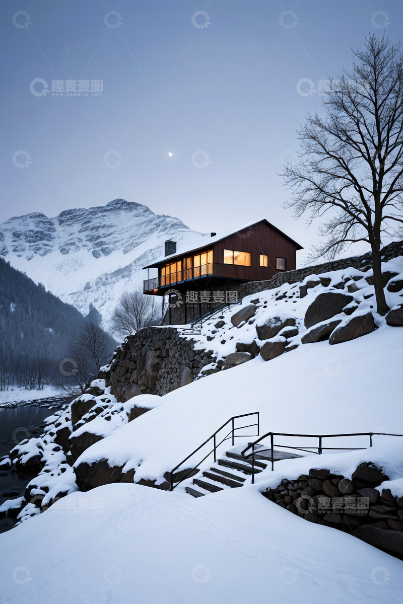 高清大图下载【趣麦麦图】雪山下带灯光的山间小屋