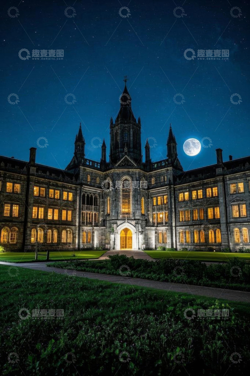 高清大图下载【趣麦麦图】月夜下的欧式风格大学建筑