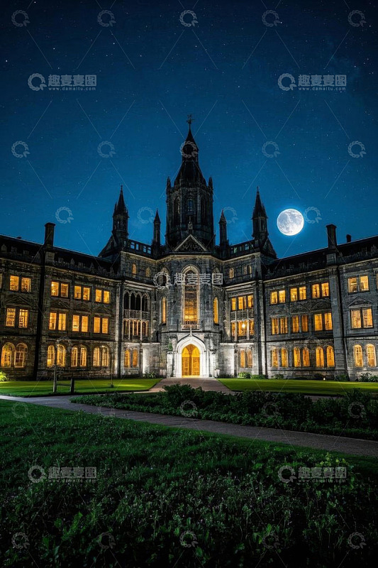 月夜下的欧式风格大学建筑