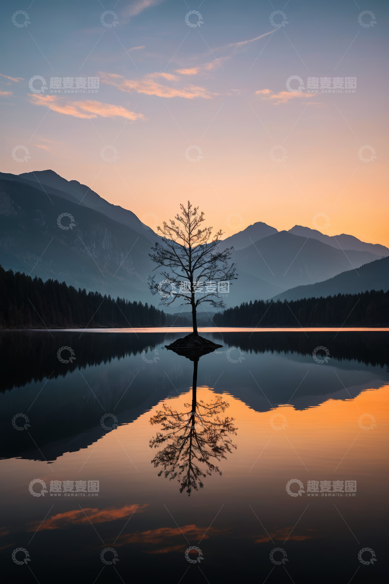 高清大图下载【趣麦麦图】湖畔孤树与山水暮色风景