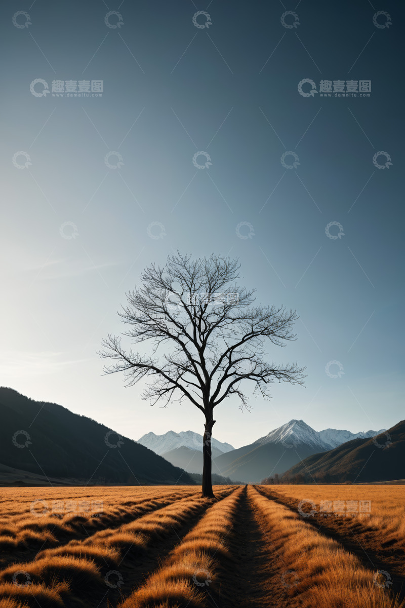 高清大图下载【趣麦麦图】旷野中孤树立于远山背景前