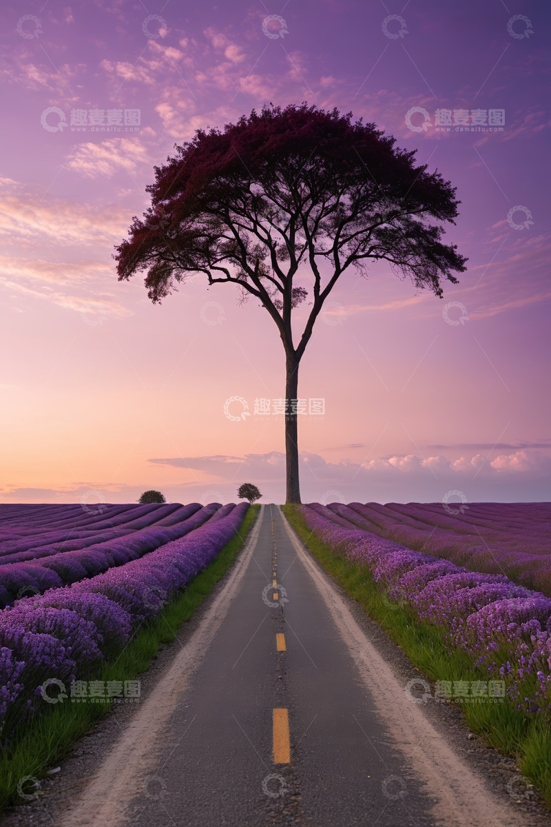 高清大图下载【趣麦麦图】薰衣草田中的孤树风景