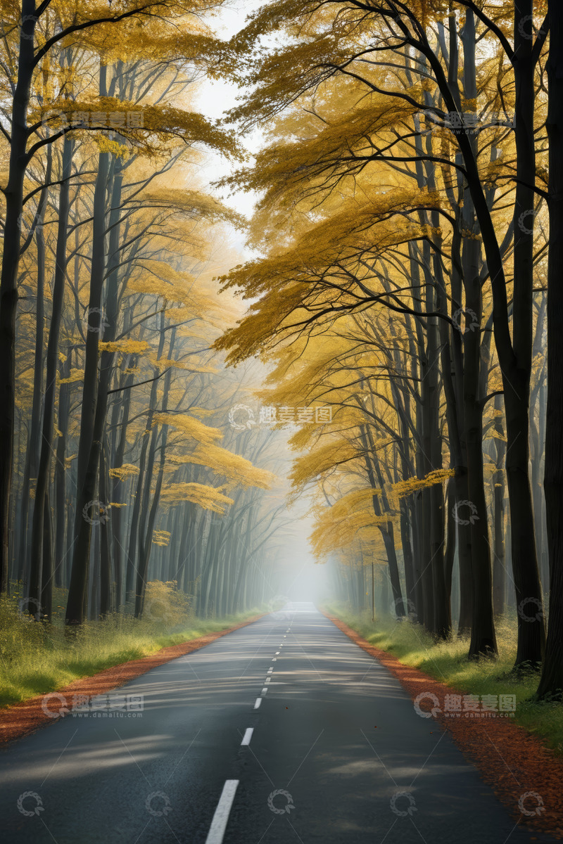 高清大图下载【趣麦麦图】秋日森林中的公路风景