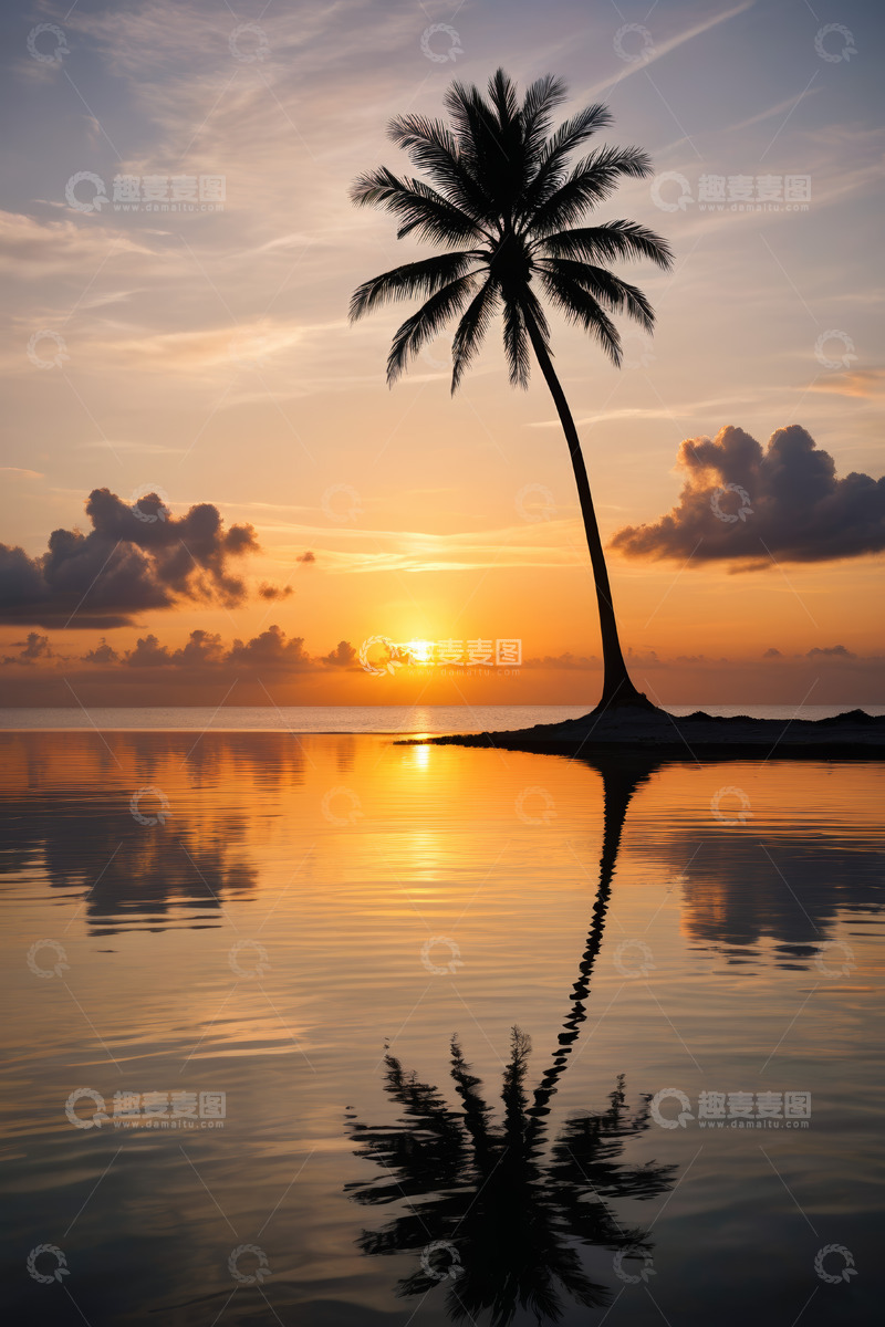 高清大图下载【趣麦麦图】海边夕阳下的椰子树