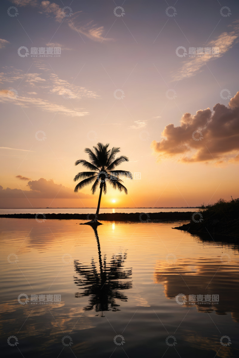 高清大图下载【趣麦麦图】水边椰树夕阳景象