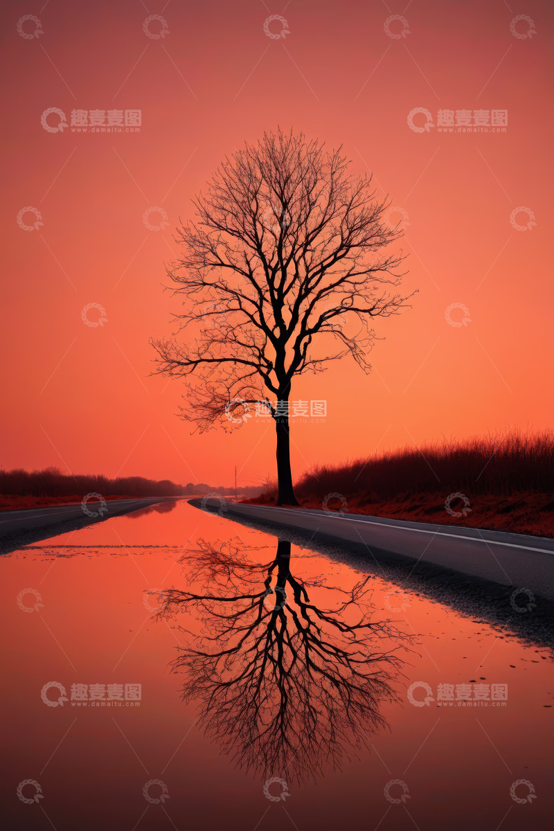 高清大图下载【趣麦麦图】公路旁单棵树木的夕阳景象