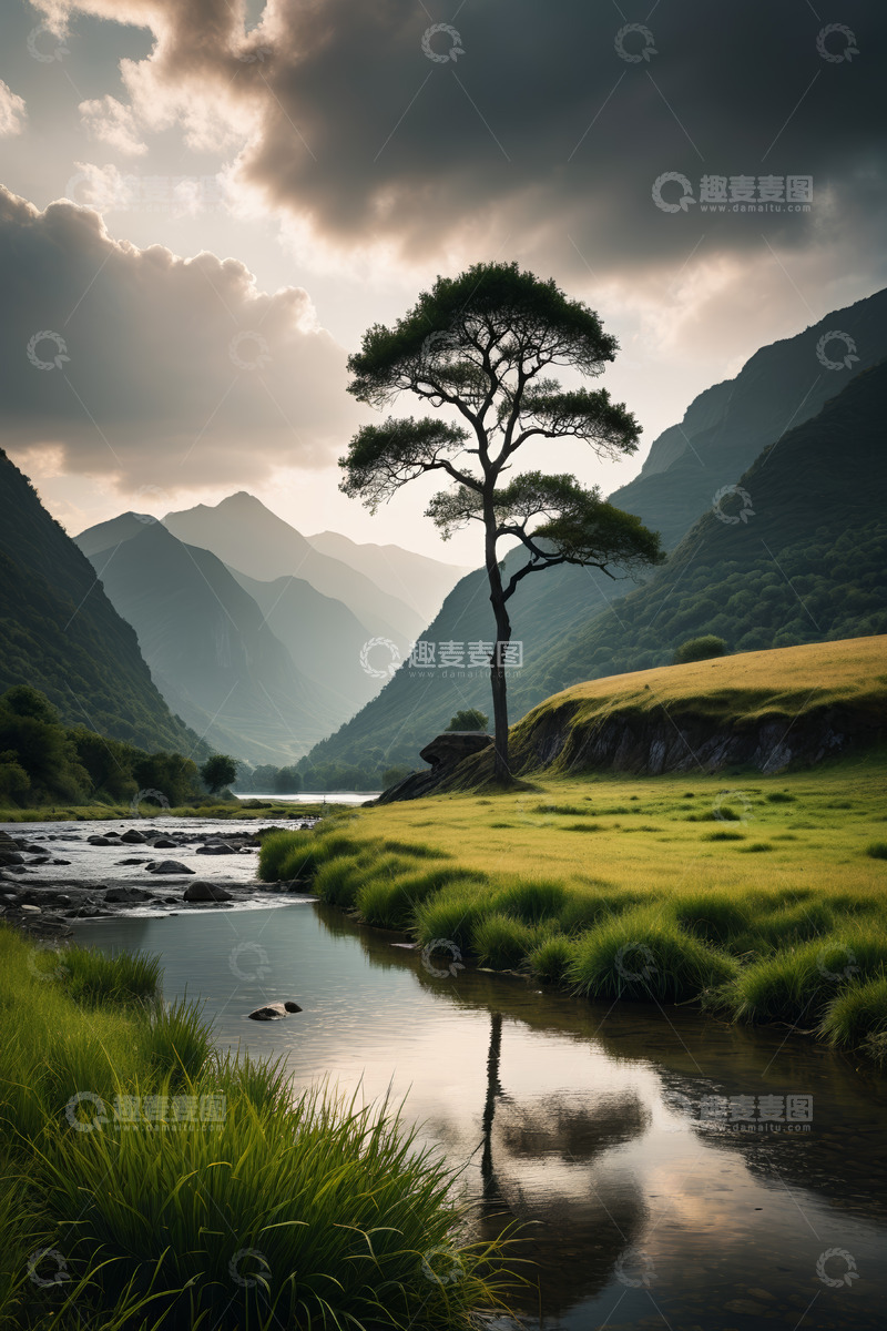 高清大图下载【趣麦麦图】山间河流旁的孤树自然风光