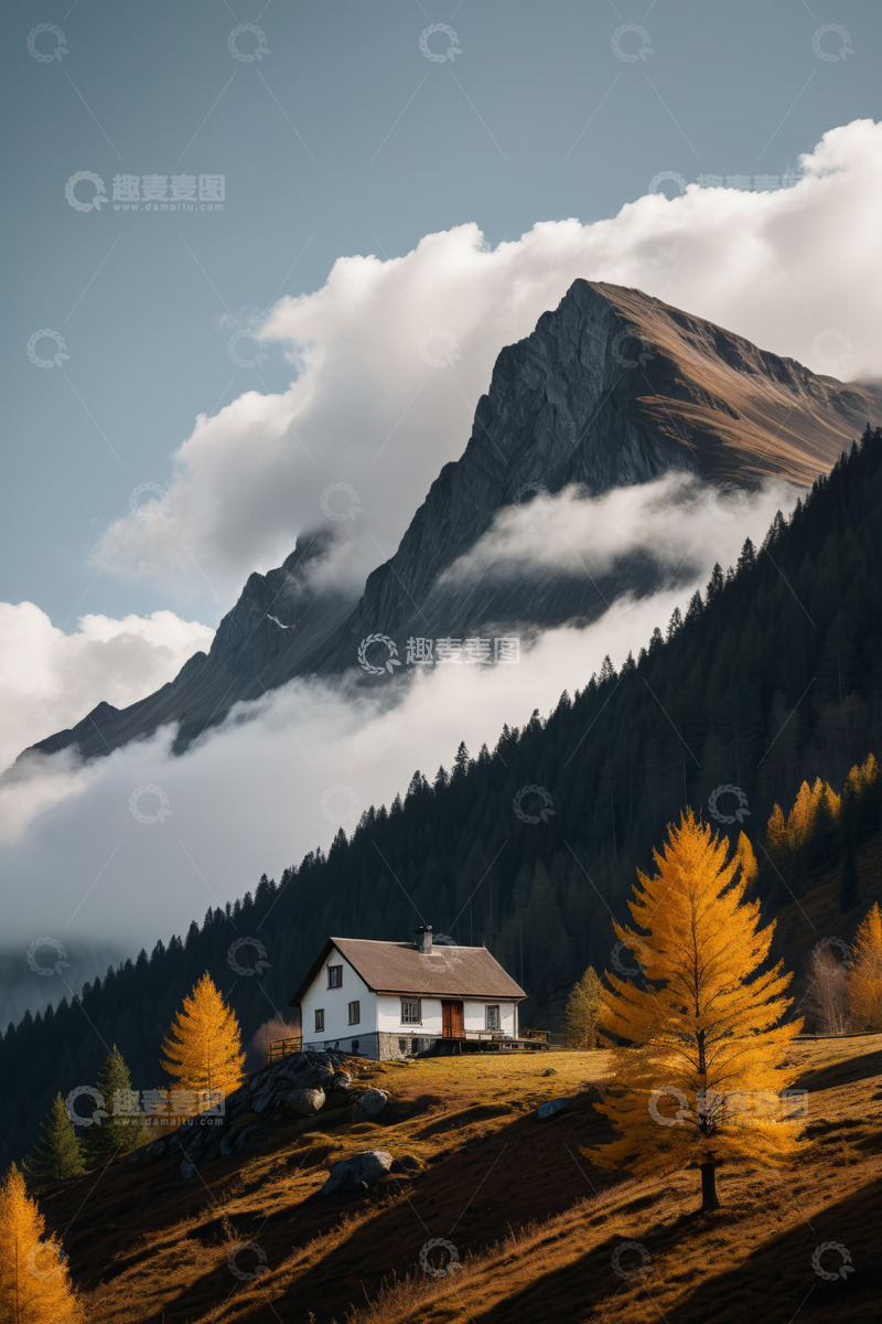 高清大图下载【趣麦麦图】山间小屋秋景自然风光