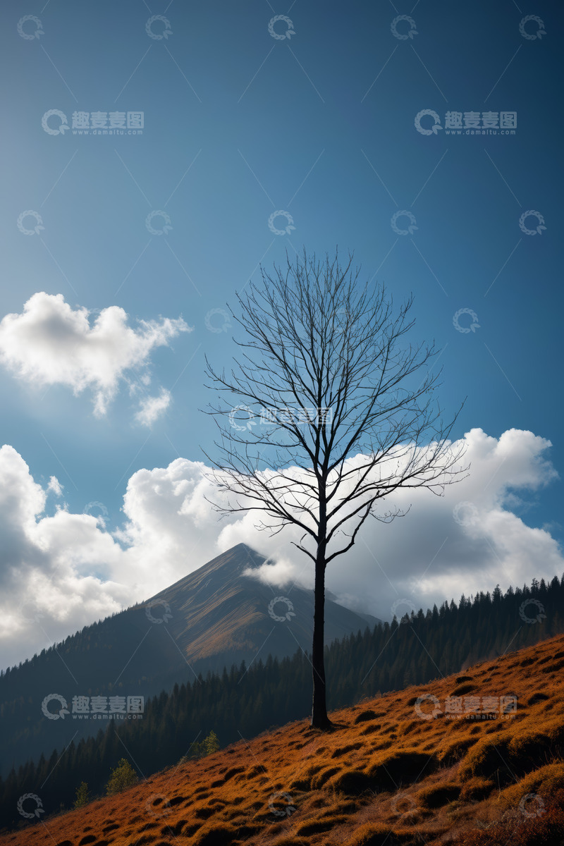 高清大图下载【趣麦麦图】山坡上的孤树与远山风景