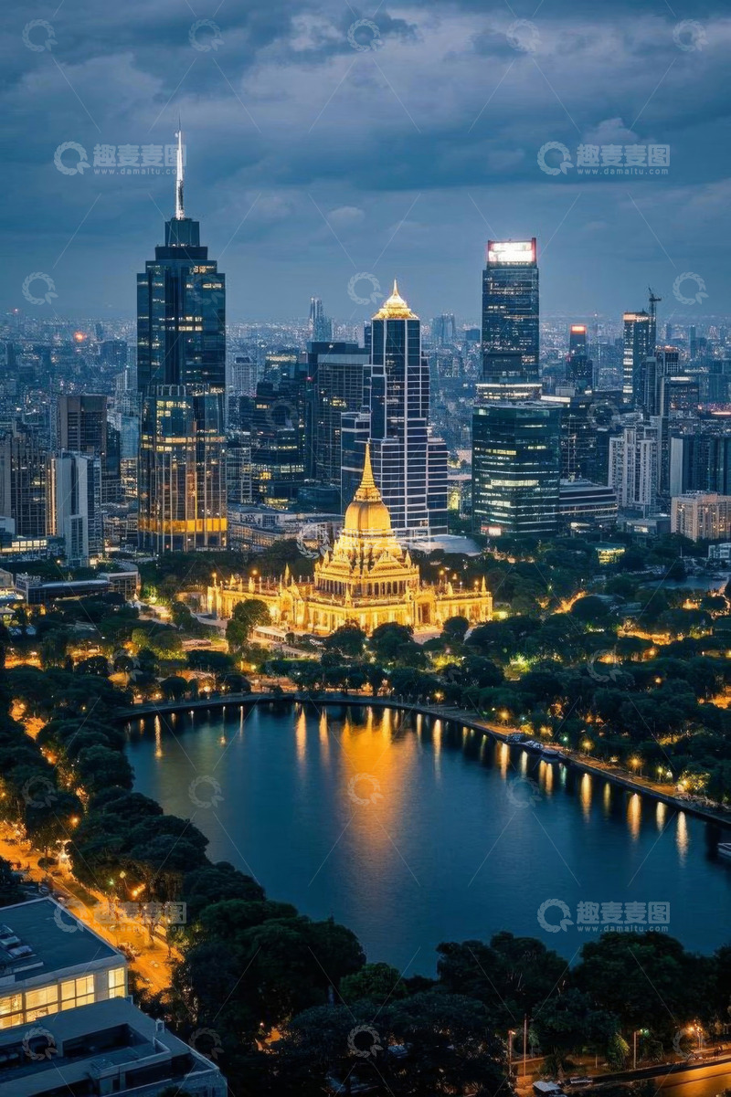 高清大图下载【趣麦麦图】城市夜景中的建筑与湖泊景观