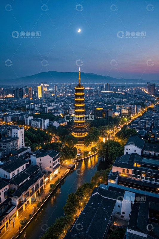 城市古塔夜景俯瞰