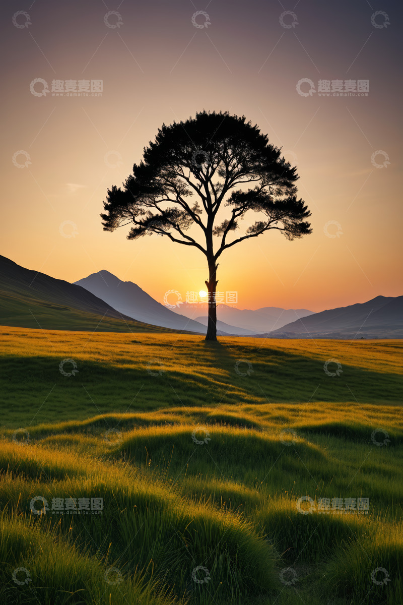 高清大图下载【趣麦麦图】草原上日落时分的孤独树木