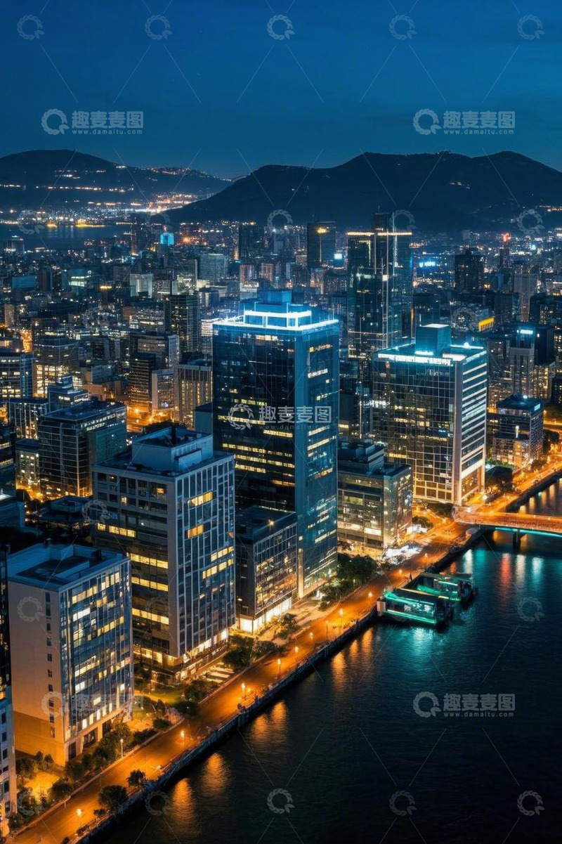 高清大图下载【趣麦麦图】城市夜景高楼与水域景观