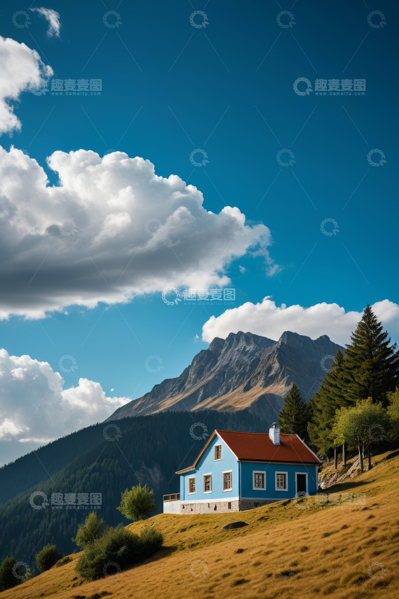 高清大图下载【趣麦麦图】山间蓝顶小屋自然风光
