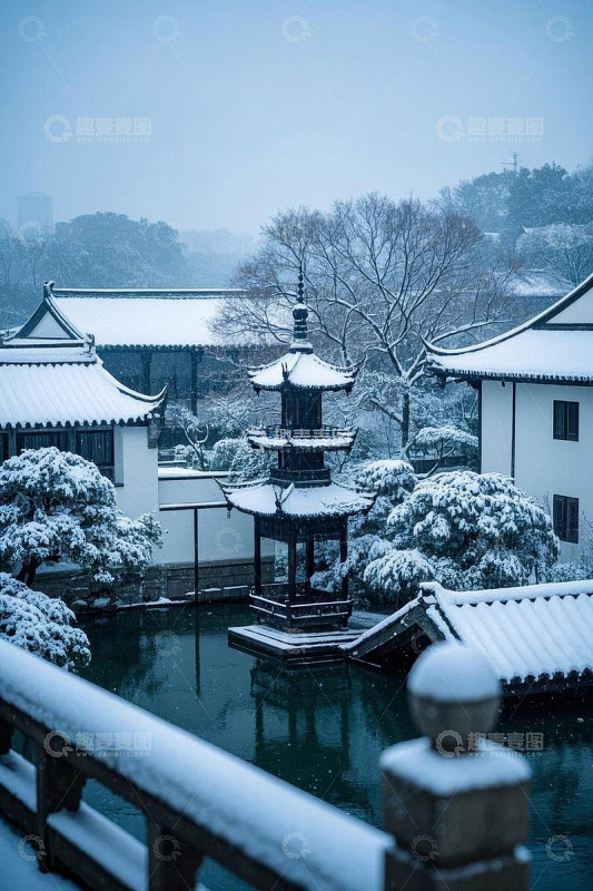 中式园林雪景景观