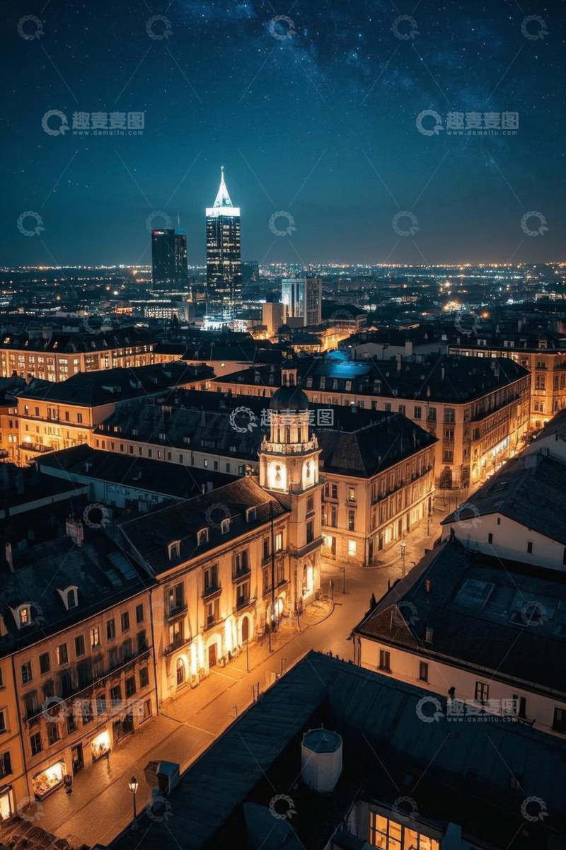 高清大图下载【趣麦麦图】城市夜景俯瞰古老建筑与高楼