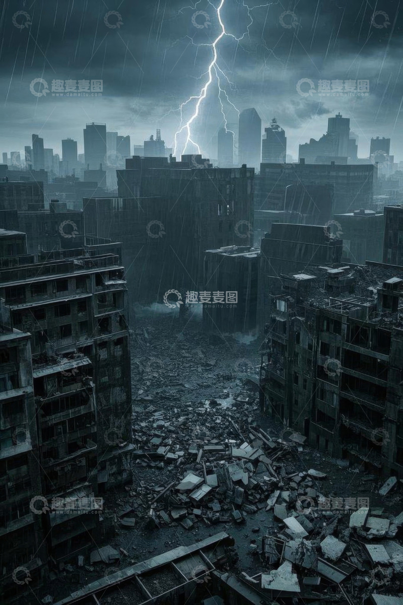 高清大图下载【趣麦麦图】闪电下的城市废墟景观