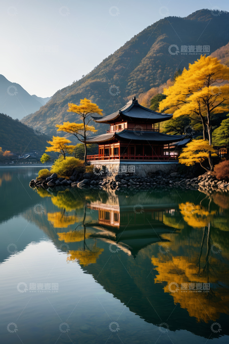 高清大图下载【趣麦麦图】山水间中式建筑秋日湖景