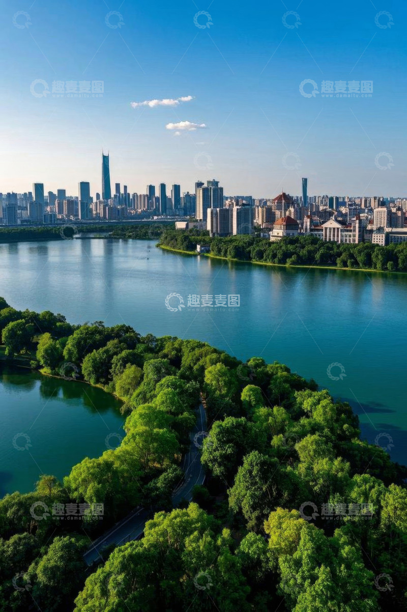 高清大图下载【趣麦麦图】-城市湖畔自然风光鸟瞰