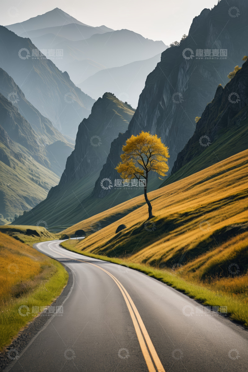高清大图下载【趣麦麦图】山间公路旁的独树风景